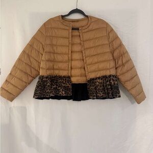 Tan Puffer Jacket with Leopard Print Hem